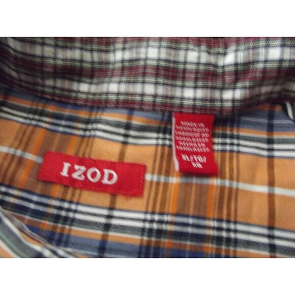 IZOD Shirt Mens XL Orange White Blue Plaid Button-Down Collar Heritage Tartan - Picture 3 of 12